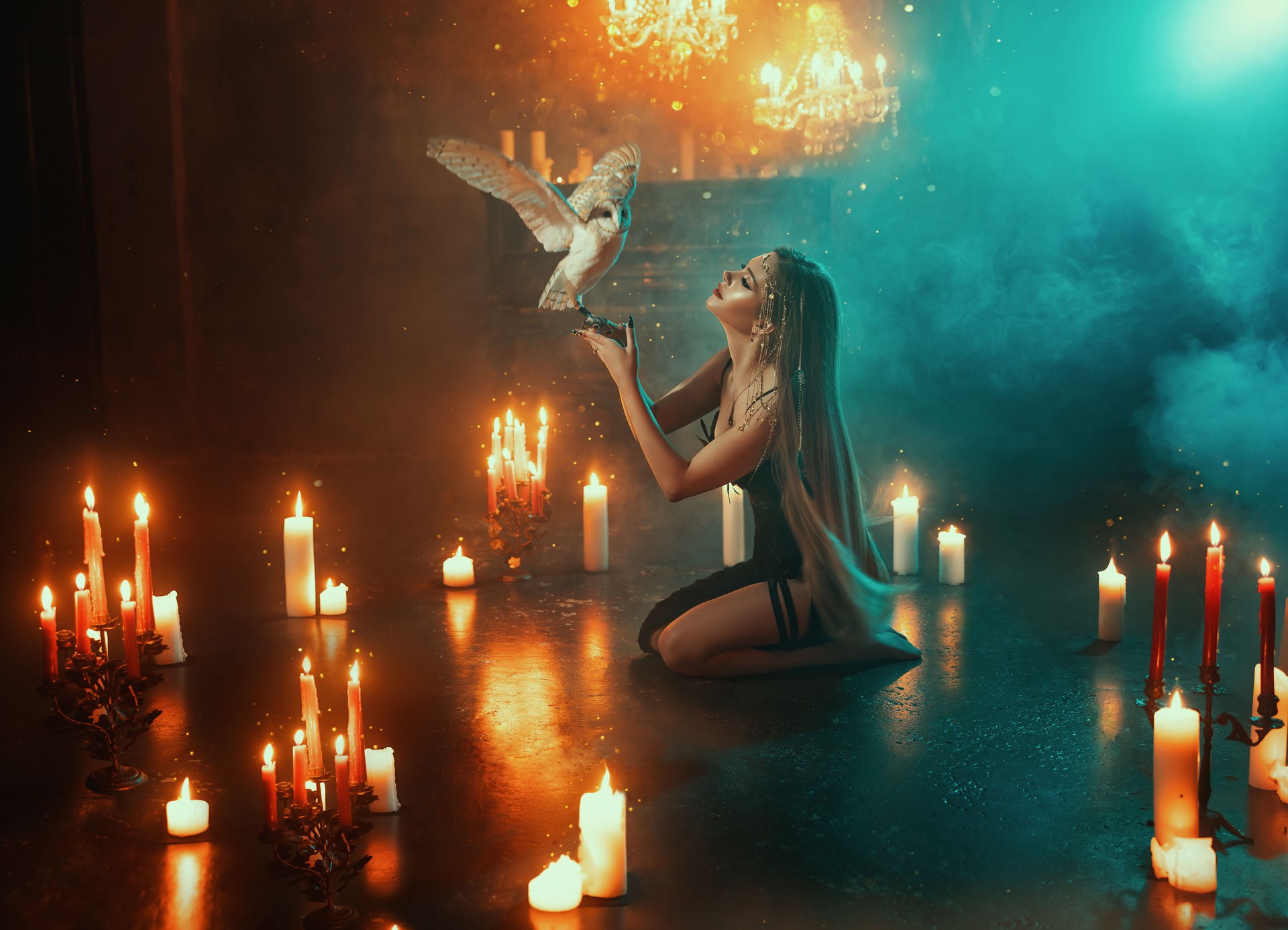 Art Photo real fantasy gothic woman witch sitting on knees praying holding white barn owl bird flies flap wings. lady Elf Blonde hair sexy girl with wild birds dark room blue smoke black dress light